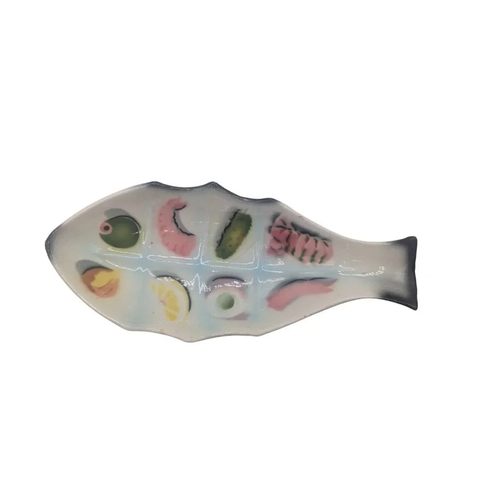 Hand-Painted Ceramic Fish-Shaped Divided Serving Dish With Vibrant Food Motifs